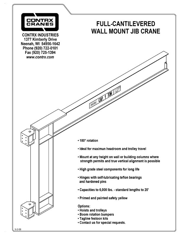 6000 Lb Contrx Wall-Mount Full Cantilever Jib Crane Capacity 8 Span Wide-Flange Beam